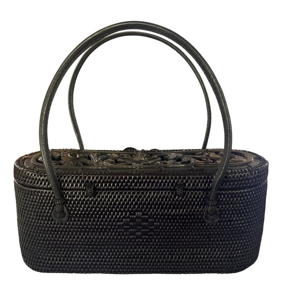 Ata Bag Bali Basket Handbag Leather Handles Wooden Carved Lid Floral Design Orga - Picture 5 of 6